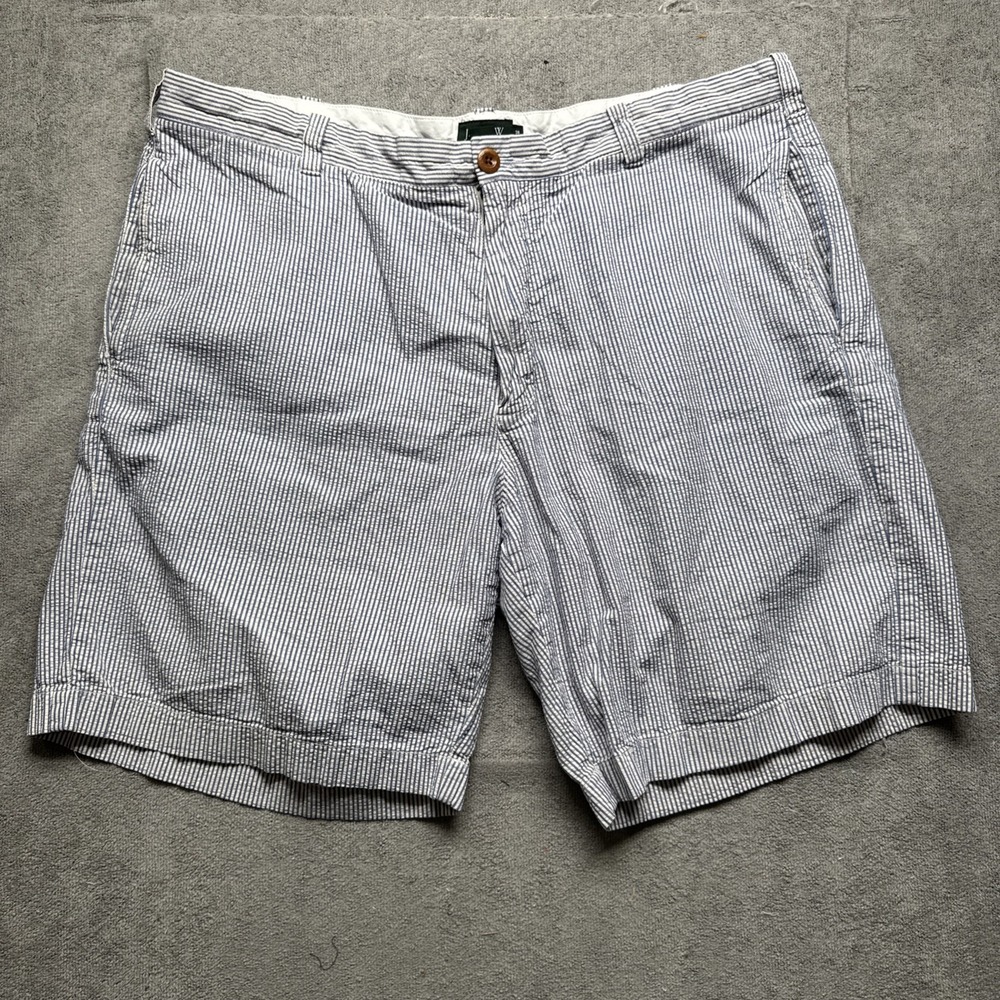 J.Crew Men's Seersucker Shorts 38 Blue White Stripe Cotton 8" Inseam Summer